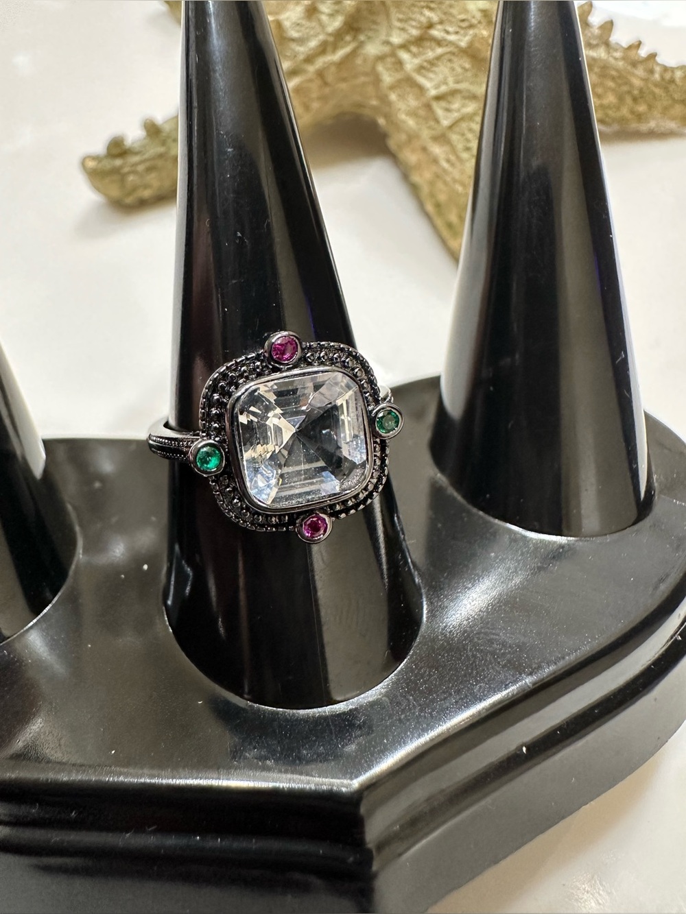 Clear Quartz Black Square-Cut Ring with Green and Pink Accents